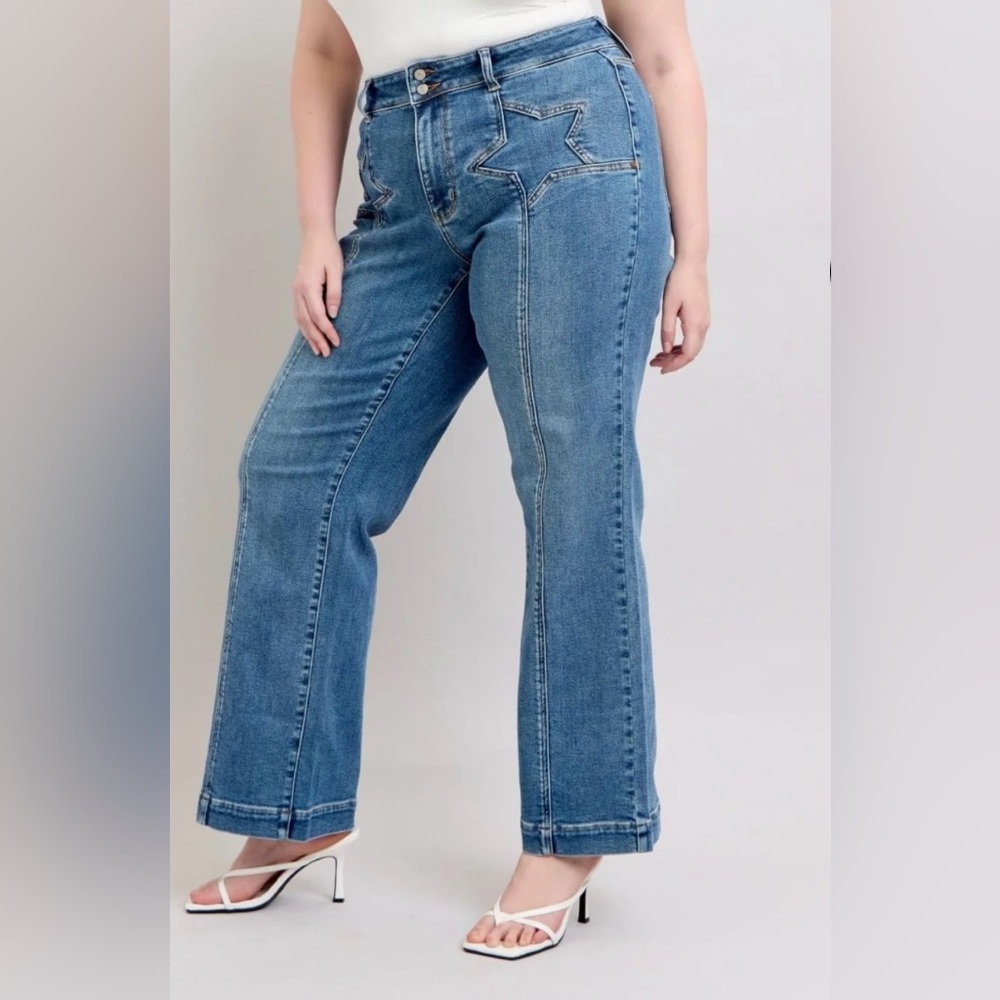 Judy Blue High Waisted Medium Wash Star Seam Detail Wide Leg jeans size22W‎ - Picture 3 of 16